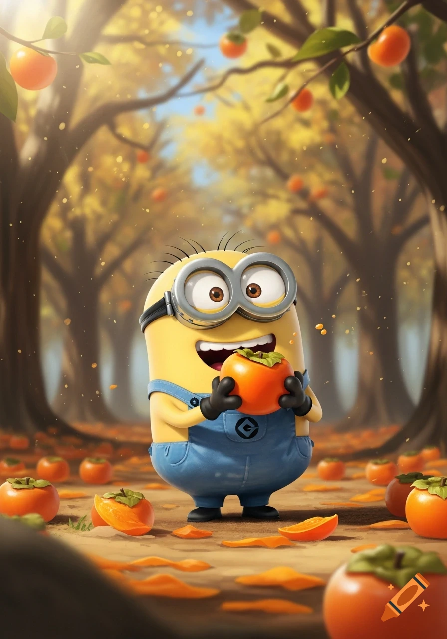 A Minion happily holding and eating a persimmon in a vibrant autumn forest with fallen leaves.