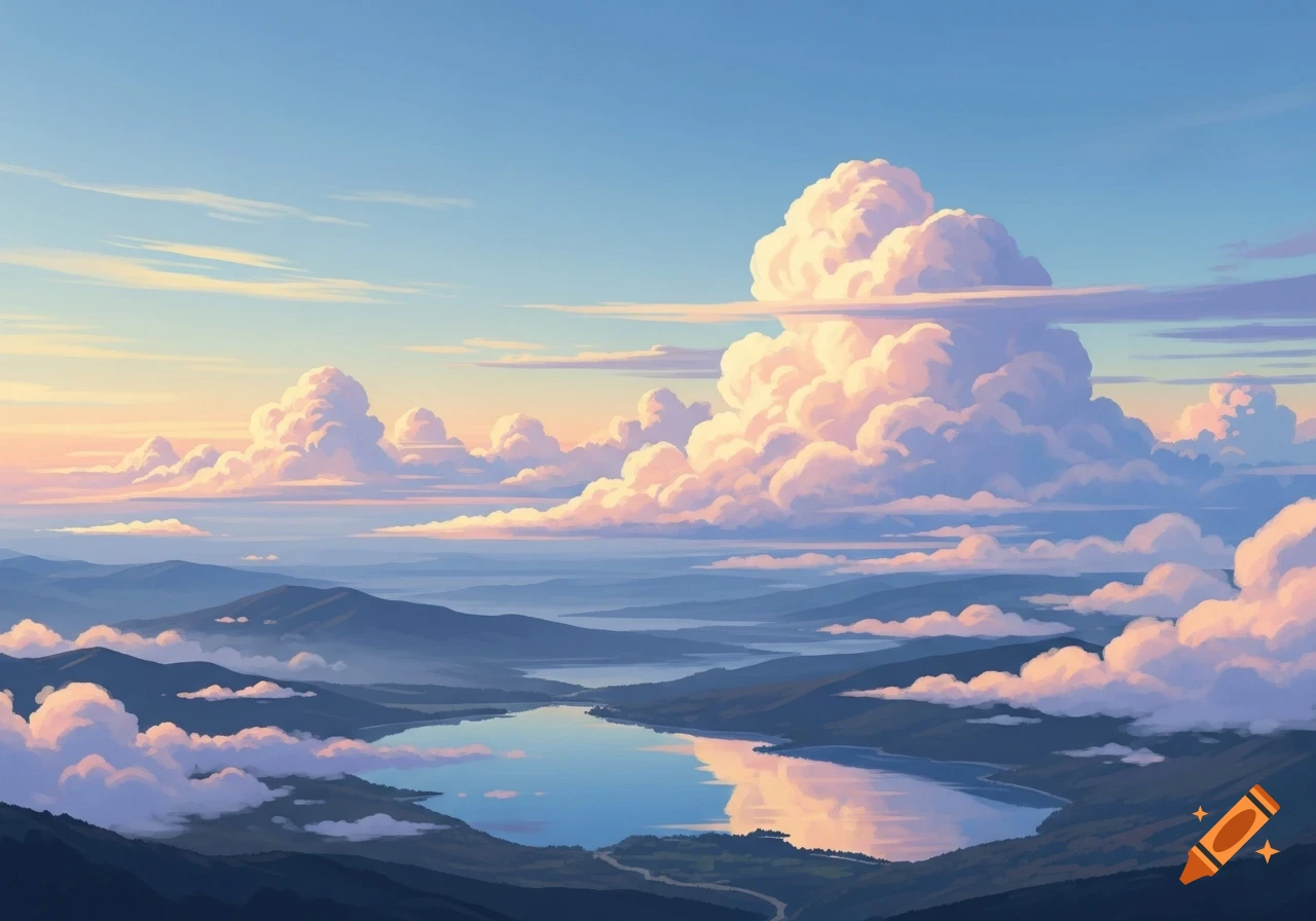 Anime-style landscape with a large cumulus cloud reflecting in a calm lake surrounded by misty mountains.