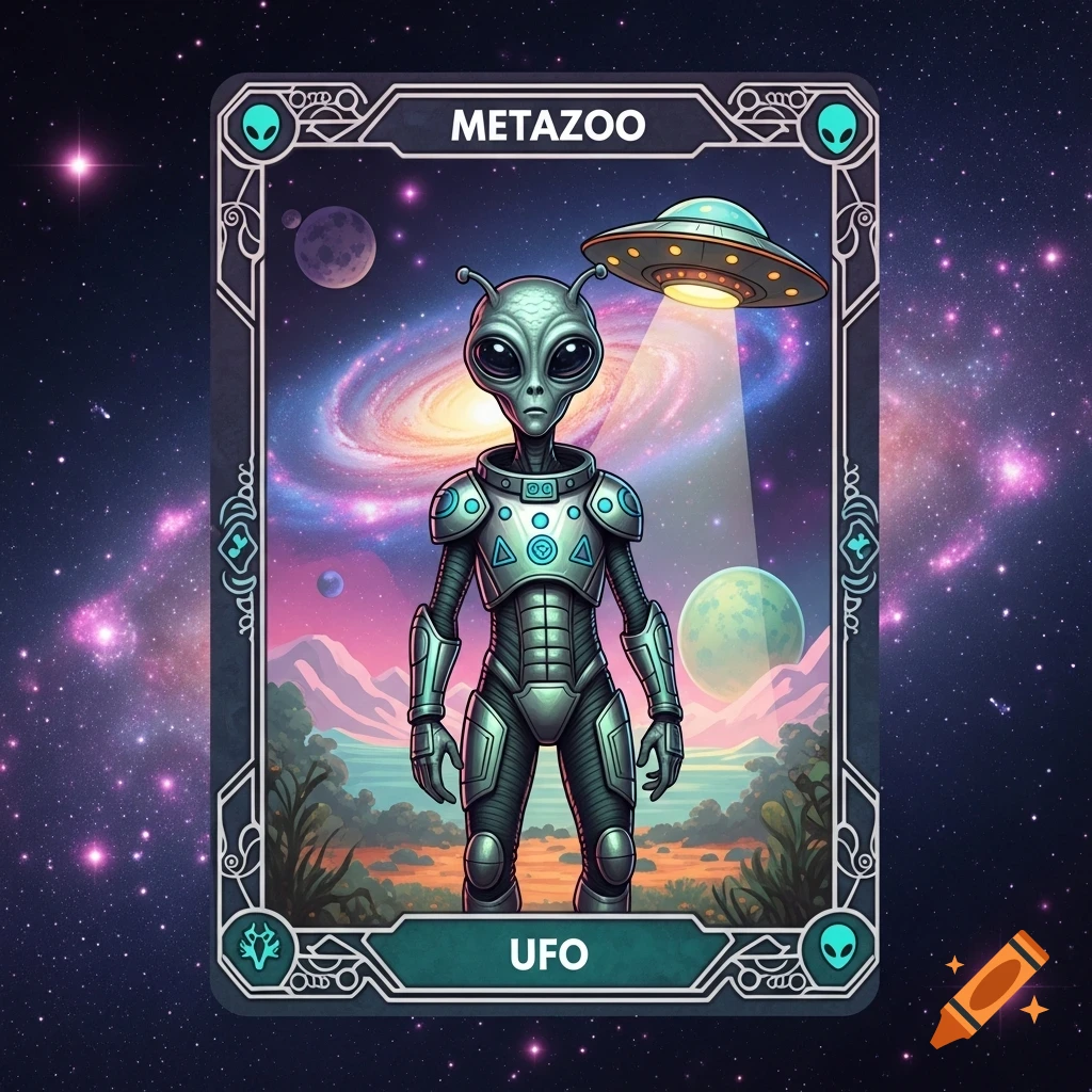 A cartoonish grey alien in futuristic armor stands on an alien planet with a UFO, depicted on a decorative trading card with a galaxy background.