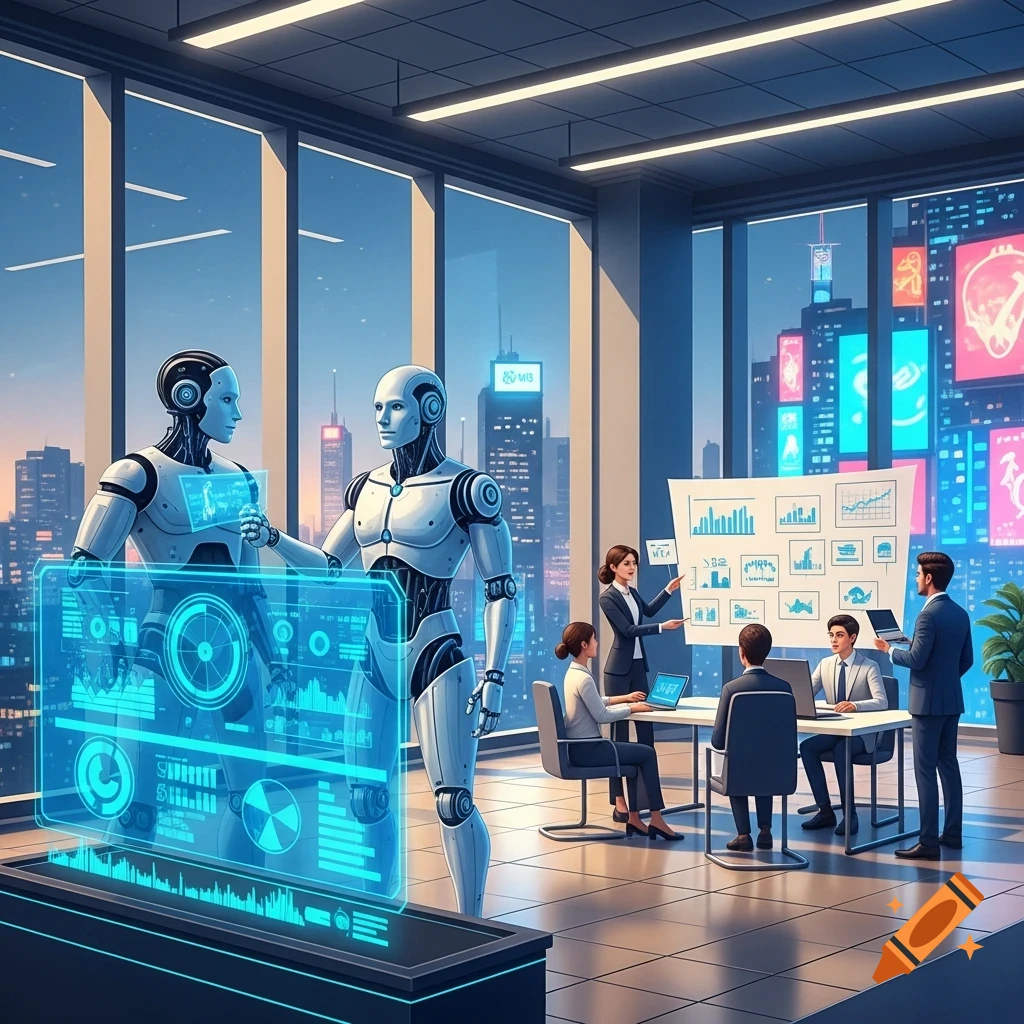Two robots stand near a glowing holographic display in a modern office with large windows overlooking a city. In the background, humans hold a meeting with a whiteboard displaying charts.