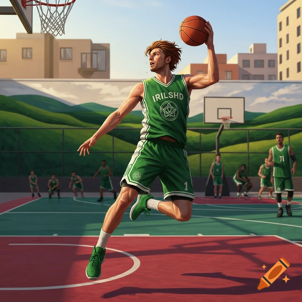 An illustrated male basketball player in a green jersey leaping with a basketball to dunk on an outdoor court.