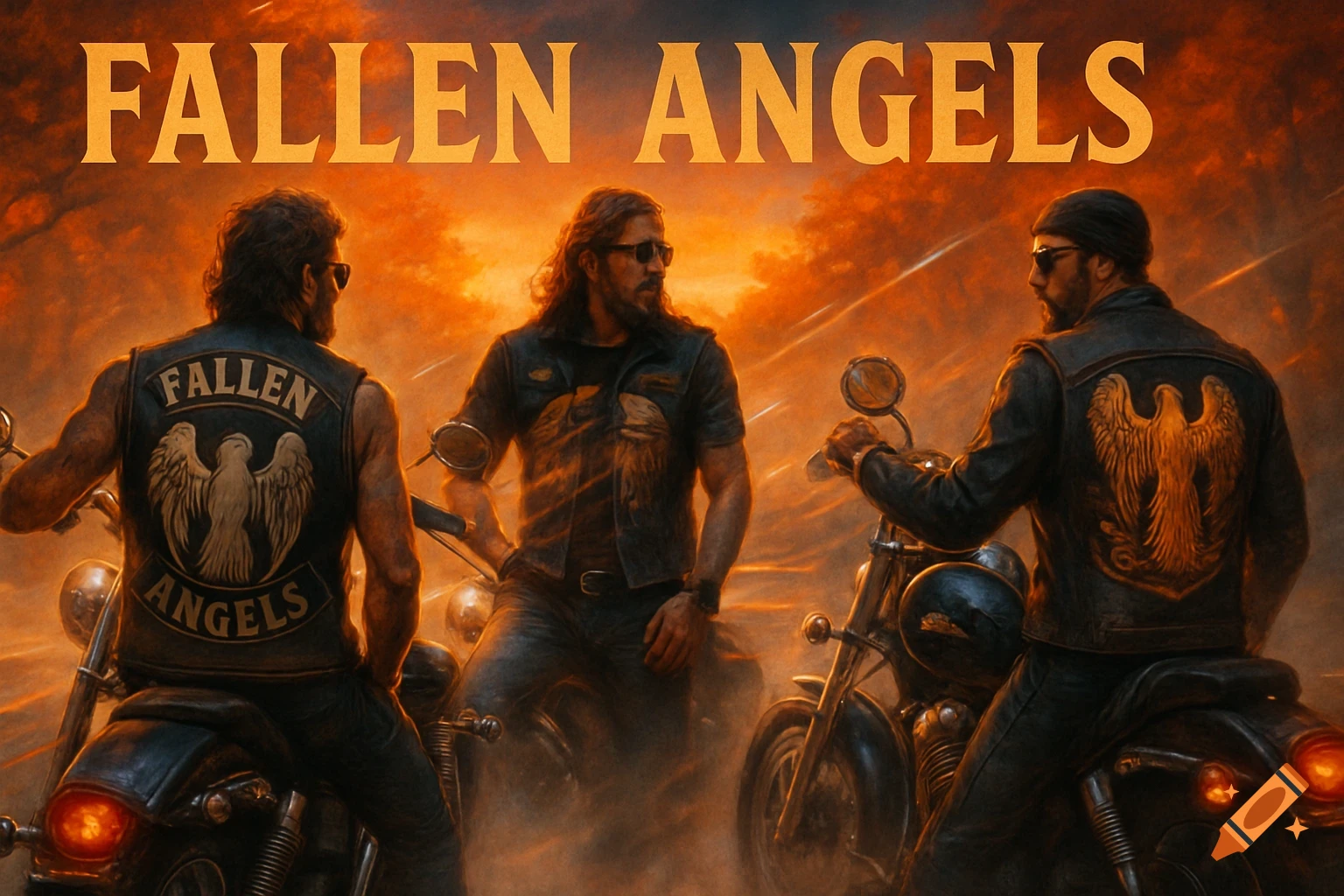 Three bikers on motorcycles under an orange sky, with "FALLEN ANGELS" text in a banner and on a vest with an eagle emblem.