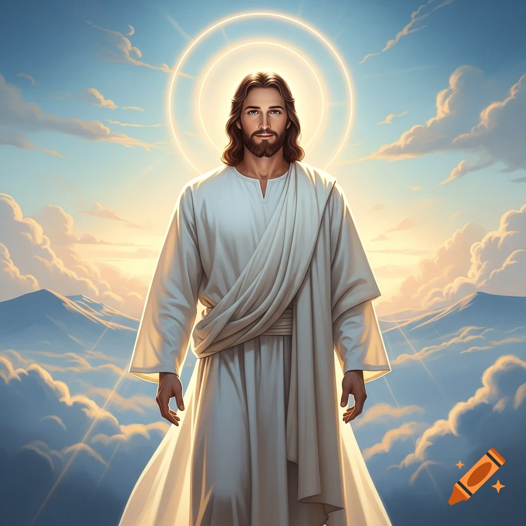 Jesus Christ with a radiant halo, standing amidst clouds above mountains at sunset, depicted in a spiritual illustration.