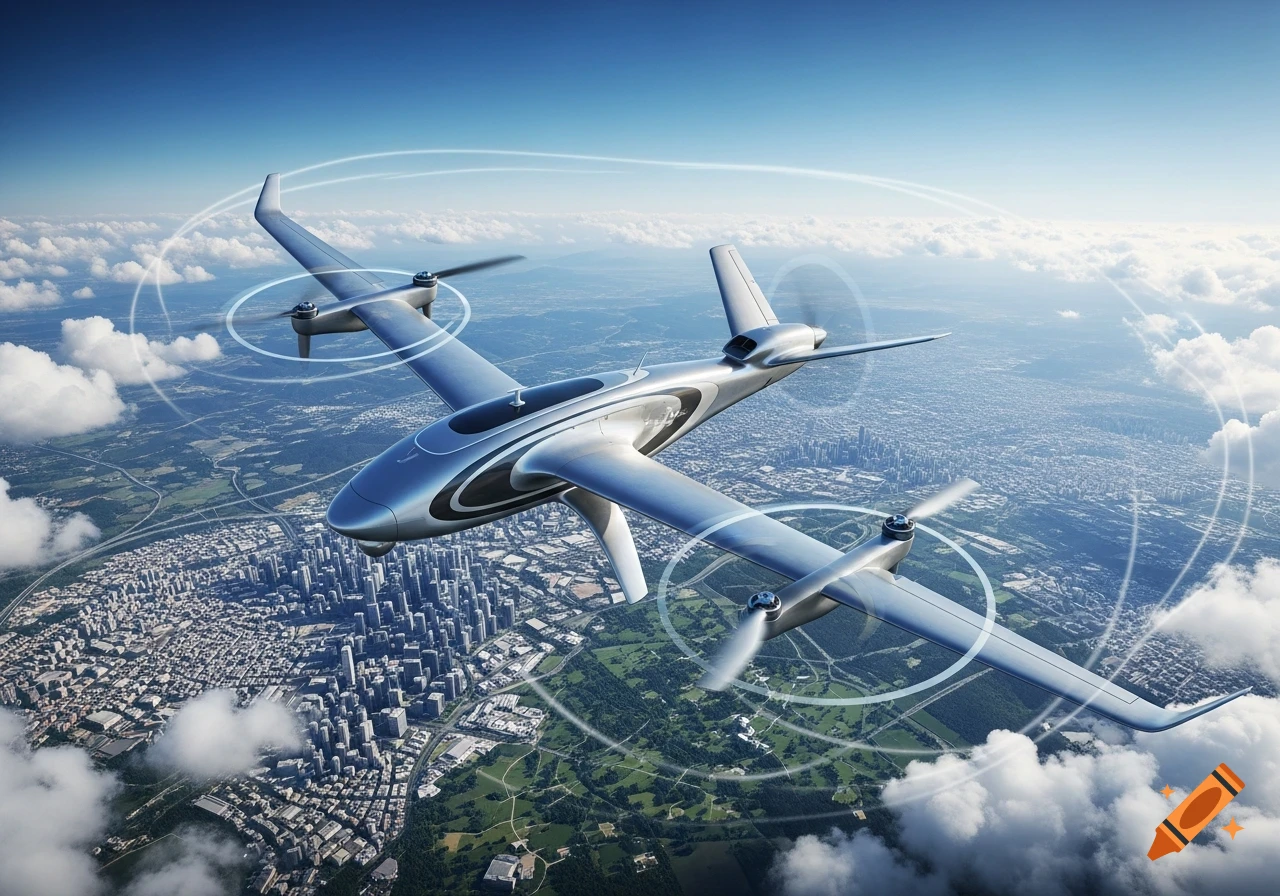 A sleek silver futuristic aircraft with multiple propellers and glowing rings flies over a sprawling city and green landscape under a blue sky.