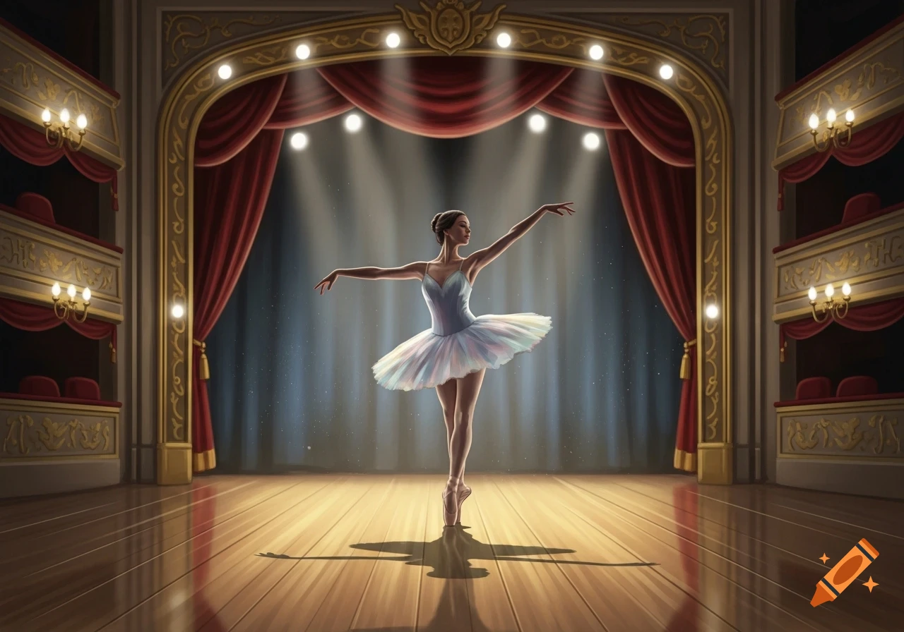 A graceful ballerina in a white tutu dances en pointe on a spotlighted wooden stage with red theater curtains.