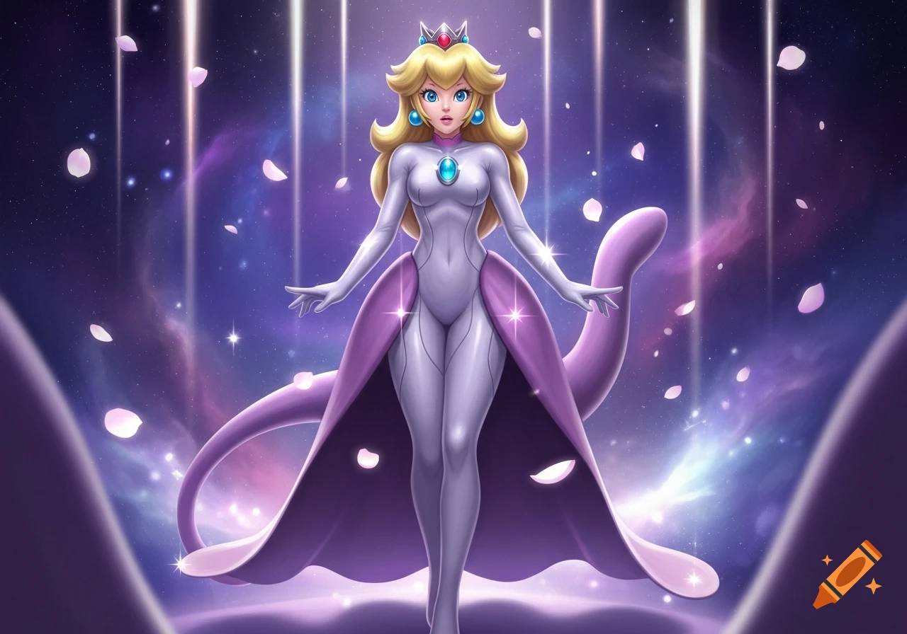 Princess Peach in a white Mewtwo-style bodysuit and a long purple cape, standing in a cosmic setting with glowing petals.