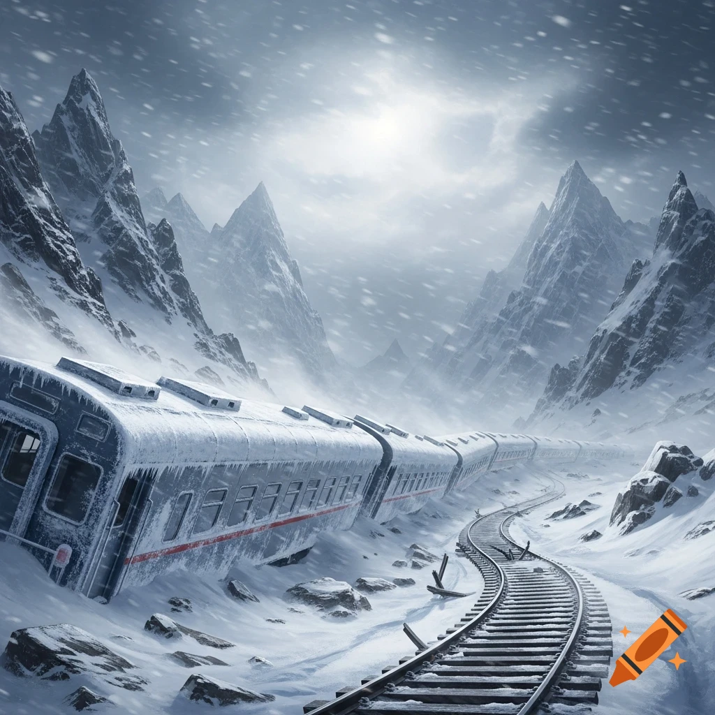 A snow-covered train is derailed in a harsh, stormy mountain landscape, with bent tracks winding into the distance.
