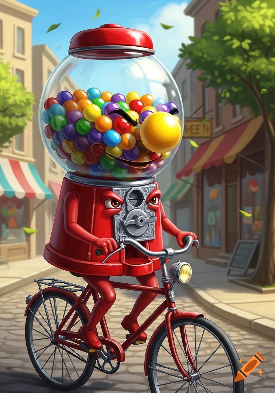 A smiling red gumball machine character with a yellow gumball nose rides a red bicycle down a sunny street lined with buildings and trees.