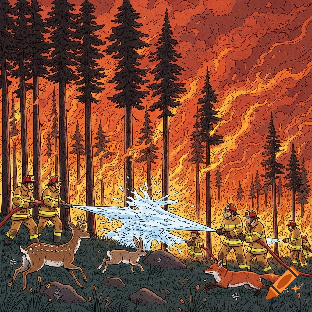 Stylized drawing of firefighters battling a forest fire, as a deer, rabbit, and fox flee through the smoke and flames.