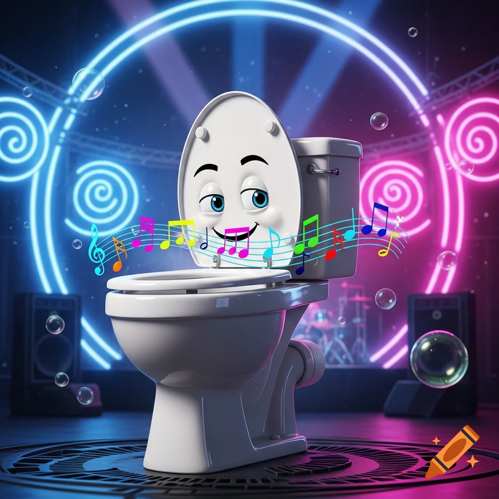 A vibrant 3D animated cartoon toilet with a face sings on a neon-lit stage, surrounded by musical notes and bubbles.
