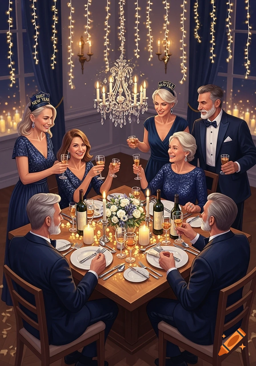 An illustration of six middle-aged people, three men and three women, enjoying a New Year's Eve dinner party at a table adorned with candles, flowers, and champagne. String lights hang above.