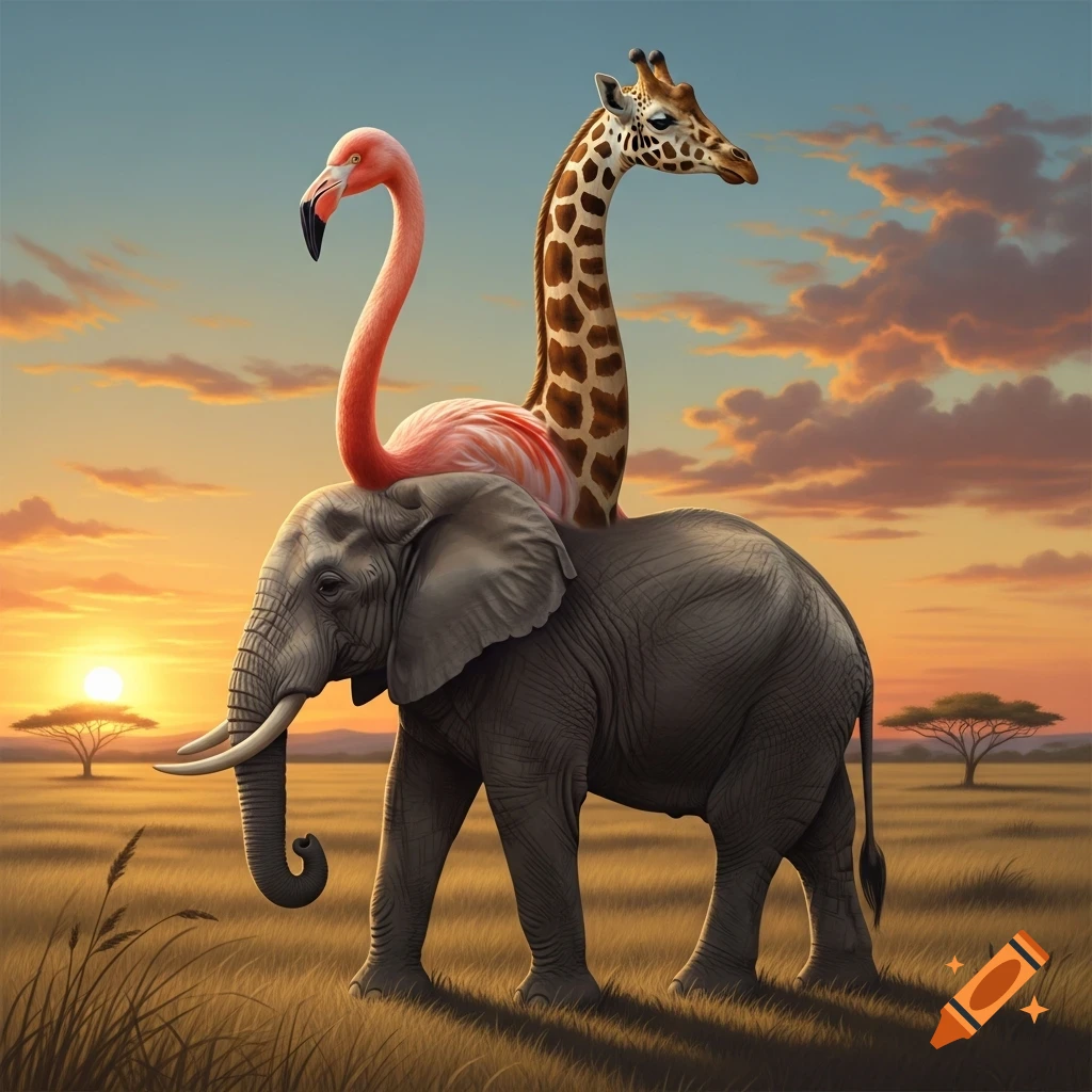 A surreal hybrid creature with an elephant body, a flamingo head/neck, and a giraffe head/neck stands in a savanna at sunset.