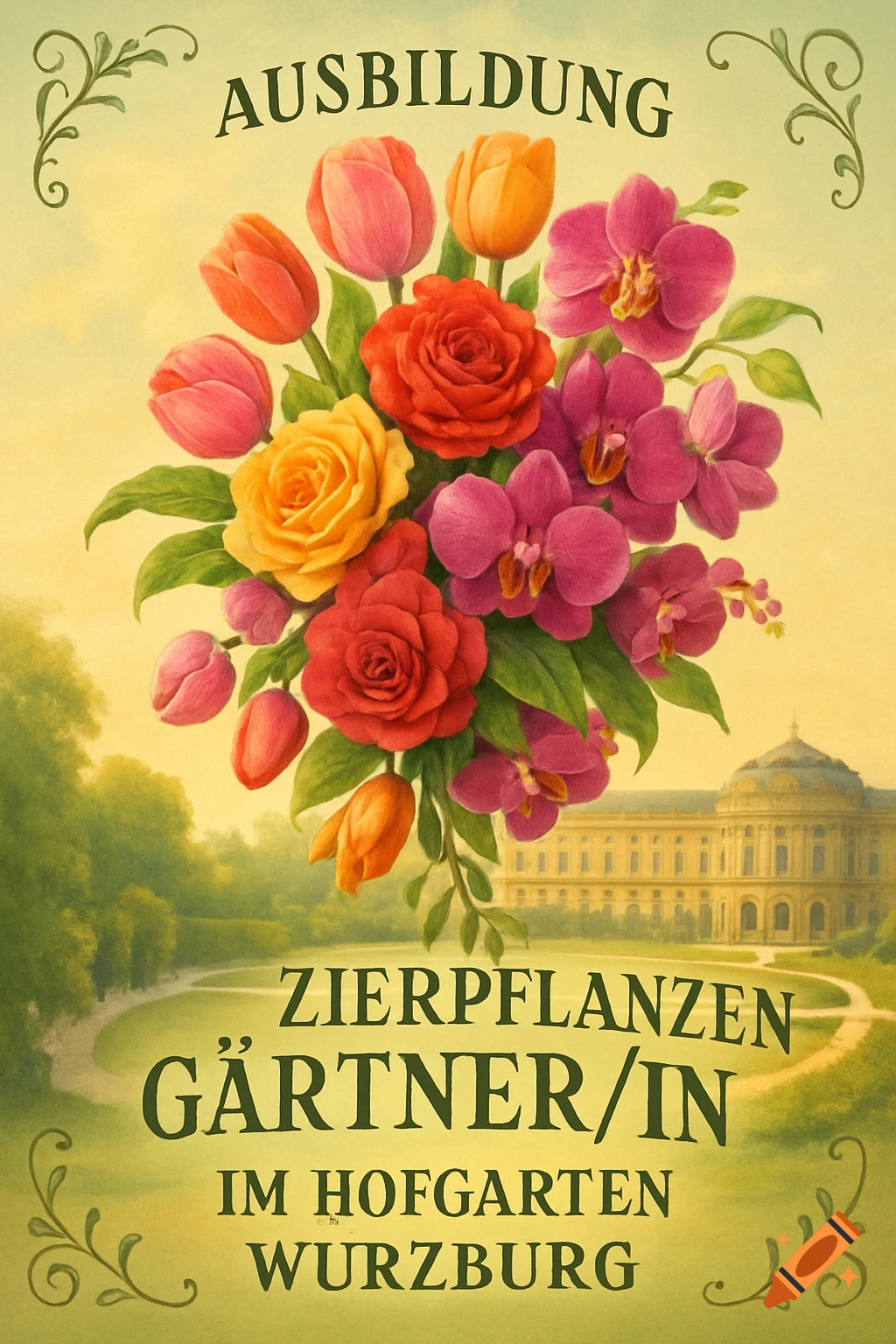 A vintage-style flyer promoting a training position as an ornamental plant gardener, featuring a large bouquet of colorful roses, tulips, and orchids, with a classical palace and garden in the background.
