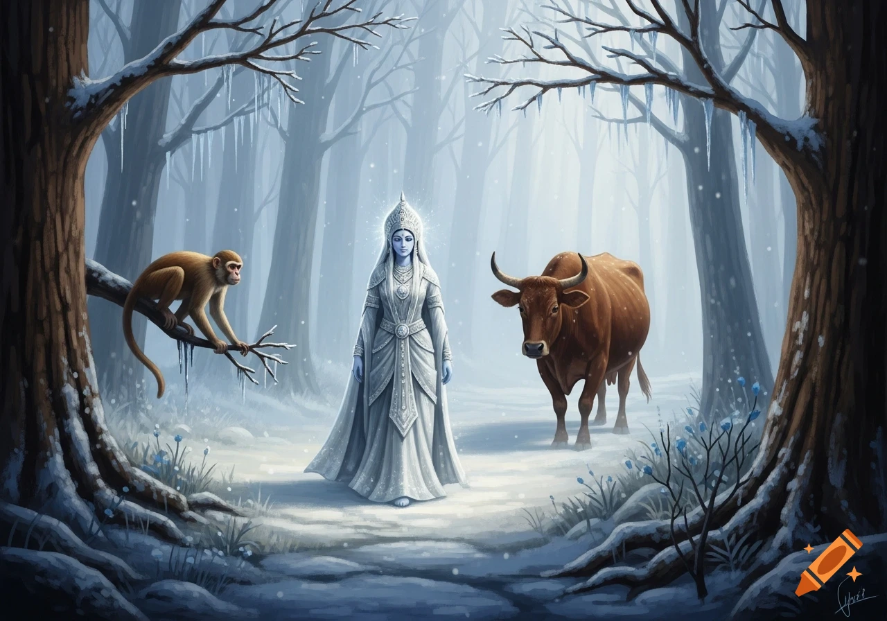A blue-skinned woman in a white gown stands in a snowy forest between a monkey on a branch and a brown bull, in a digital painting.