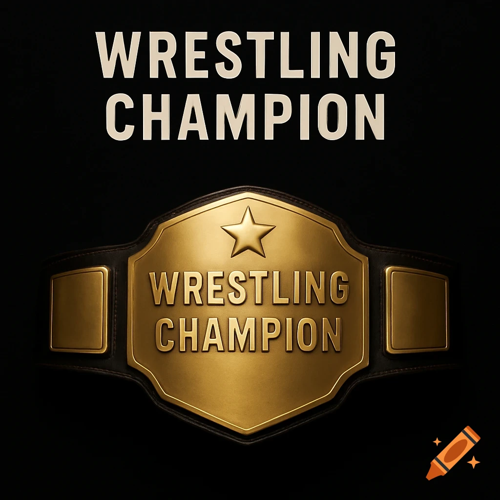 A gold wrestling championship belt with a star and the text "WRESTLING CHAMPION" on a black background.