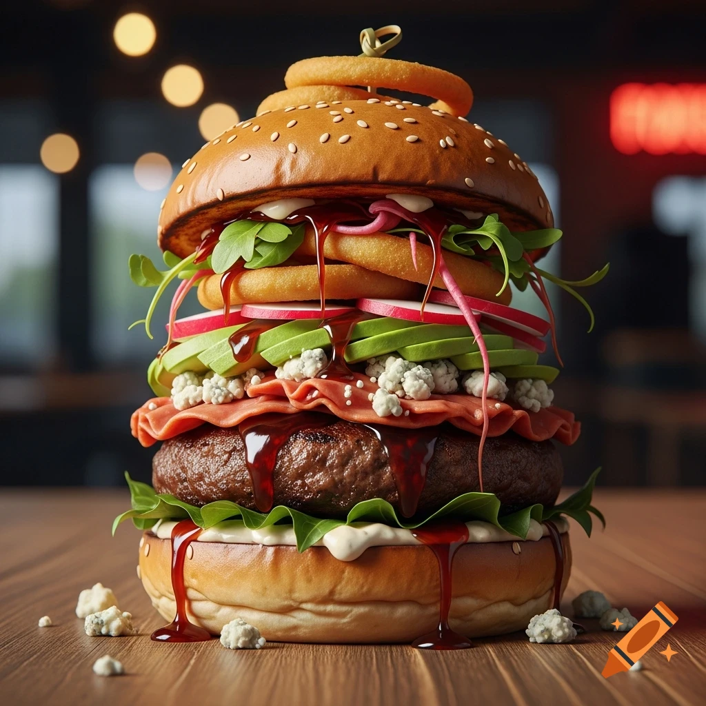 A close-up, photorealistic gourmet hamburger with a sesame bun, beef patty, bacon, blue cheese, avocado, radishes, arugula, onion rings, and dripping sauce on a wooden table.