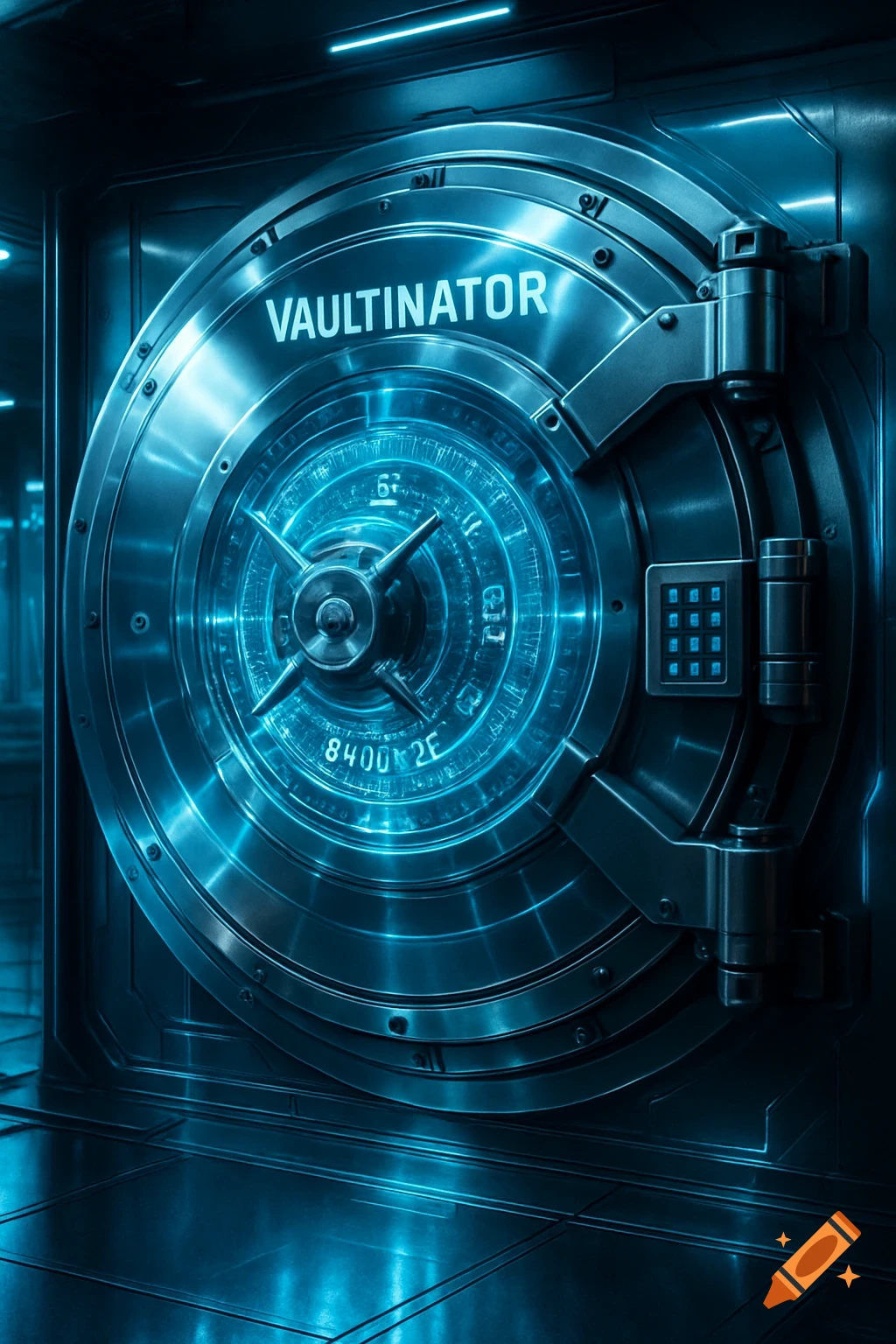 A highly secure, futuristic metallic vault door with a glowing blue dial and keypad, featuring 'VAULTINATOR' text.