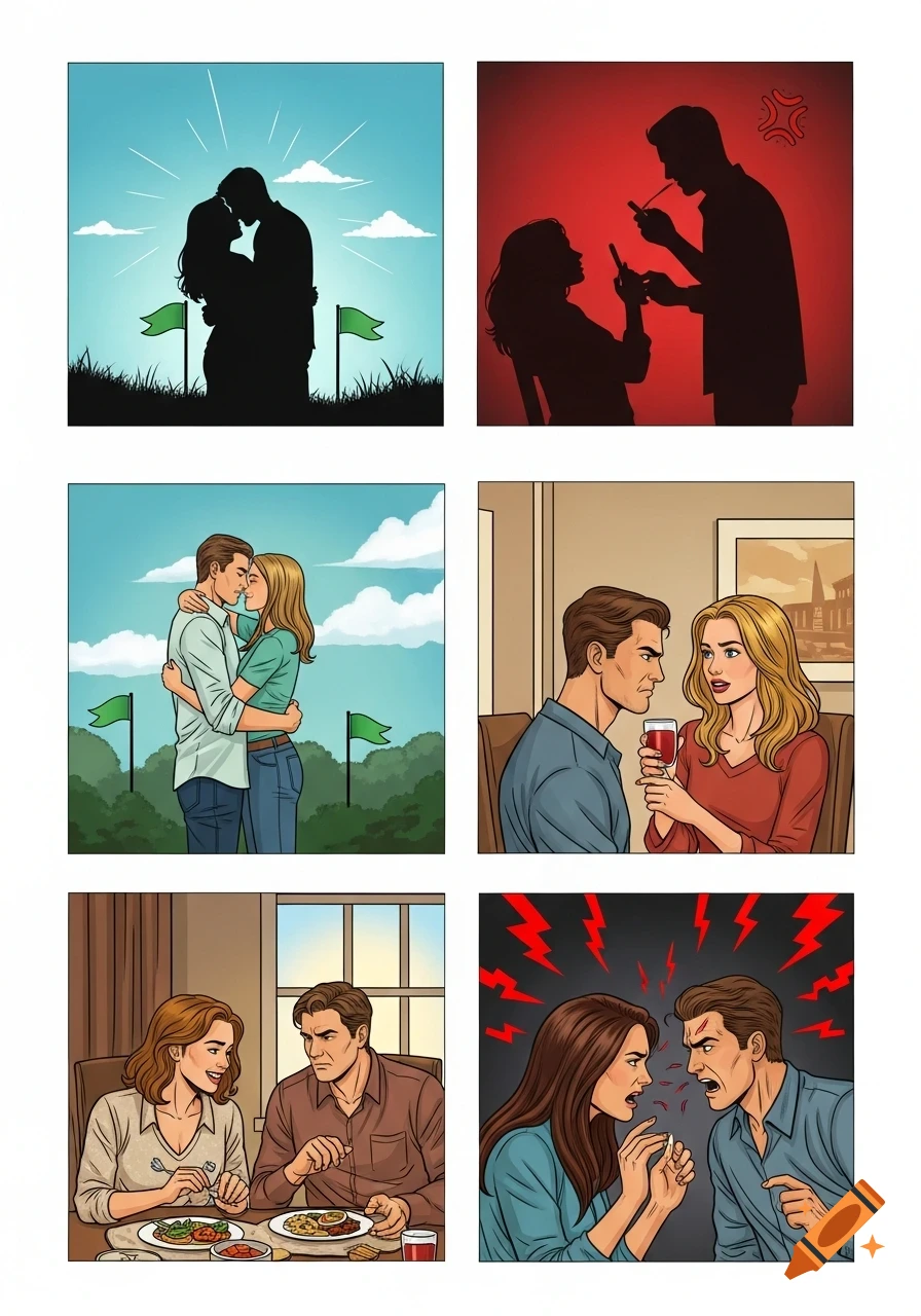 A comic-style collage of six panels depicting a couple in various relationship scenarios, illustrating both 'green flags' like intimacy and comfort, and 'red flags' such as phone-taking, conflict, and arguing.