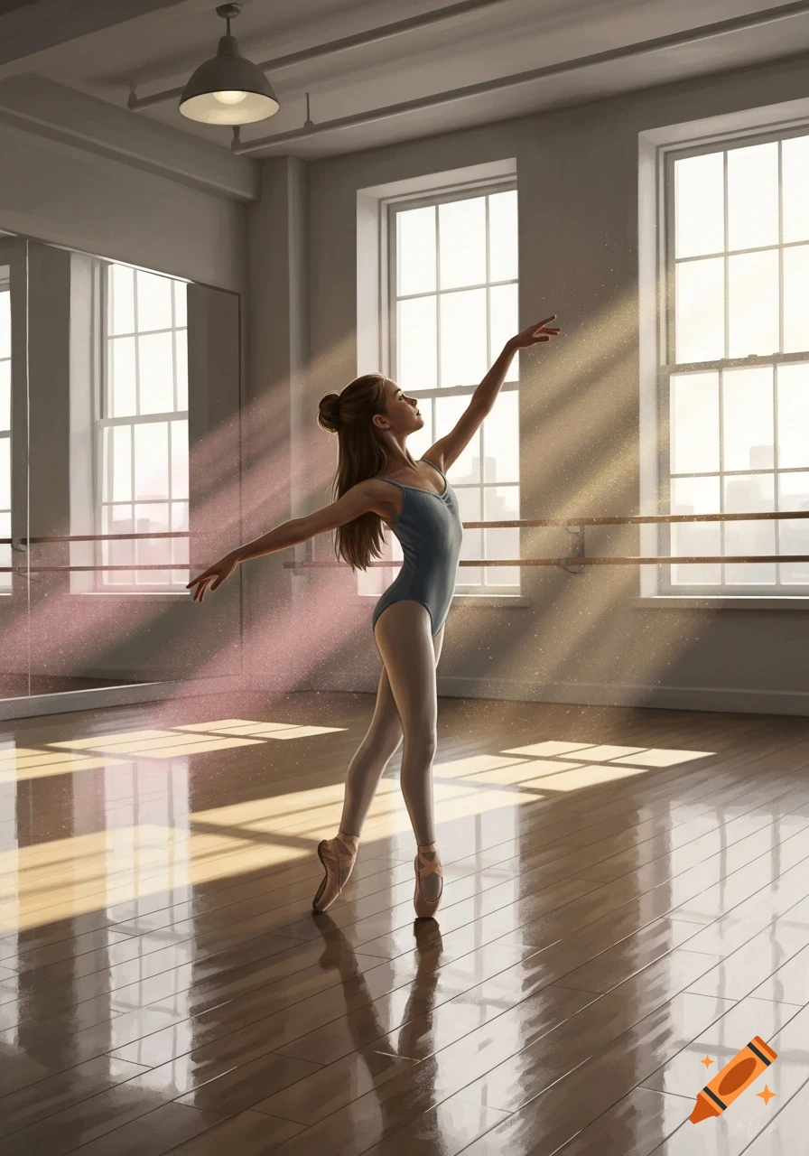A young ballerina in a blue leotard stands en pointe in a sunlit dance studio, golden light rays illuminating her from large windows.