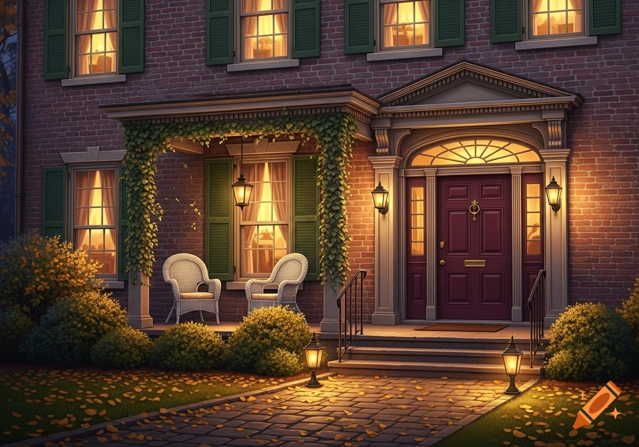 Nighttime view of an old brick house with a purple front door, glowing windows, and a lantern-lit stone path.