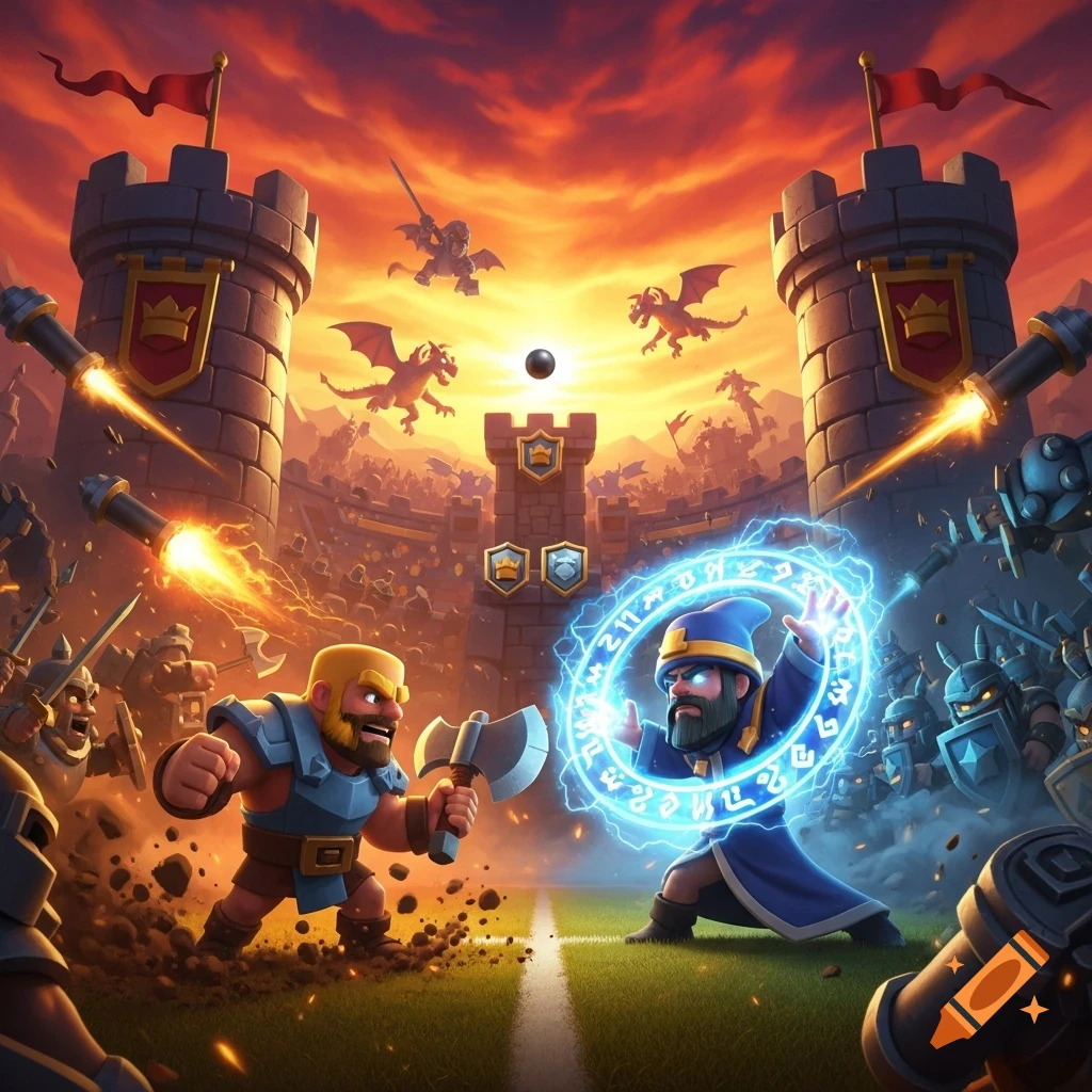 A vibrant, cartoonish fantasy battle scene. A bearded barbarian with an axe faces a wizard casting a blue spell in front of castles and armies under a fiery sky.