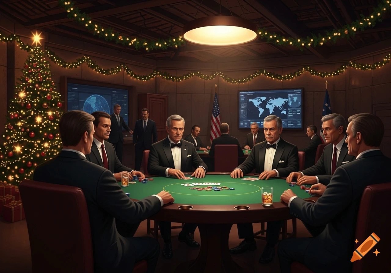 Men in suits play poker at a green table in a bunker-style room decorated for Christmas with a tree and string lights. World maps are on screens.