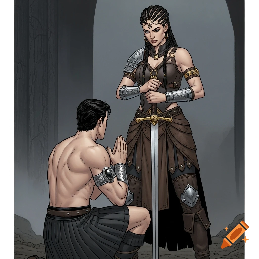 A kneeling shirtless man in a kilt prays before a standing female warrior in armor holding a sword, in comic book art style.