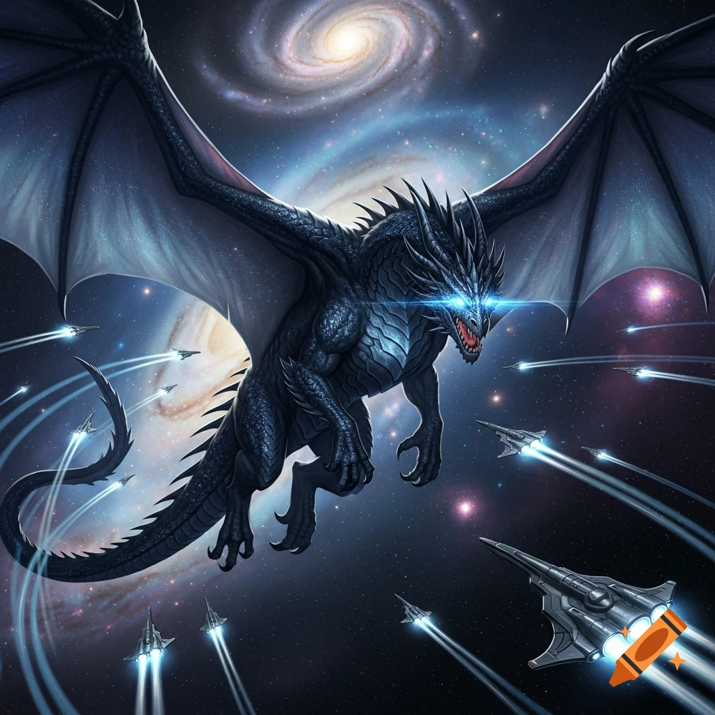 A giant black dragon with glowing blue eyes flies through space ...