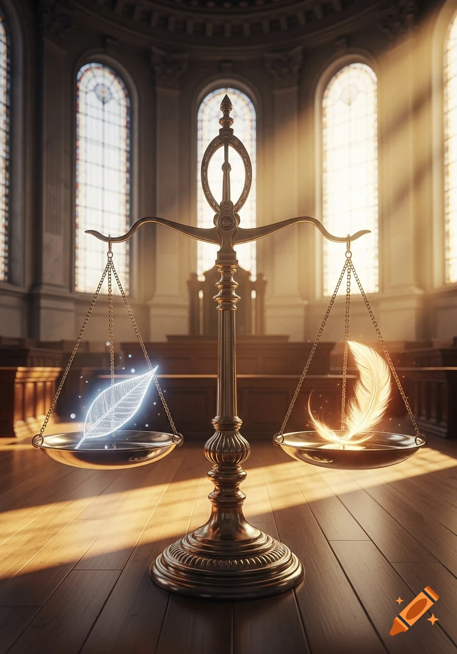 A symbolic brass scale of justice balancing two glowing feathers, one white and one golden, in a sunlit courtroom.