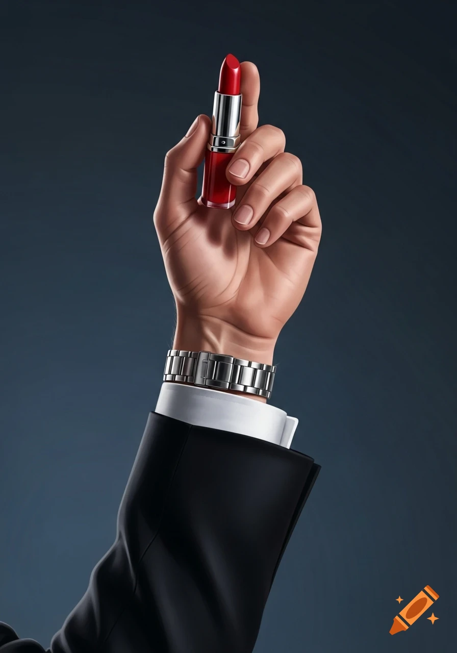 A man's arm in a black suit and white shirt, wearing a silver watch, holds a red lipstick tube in his hand against a dark background.