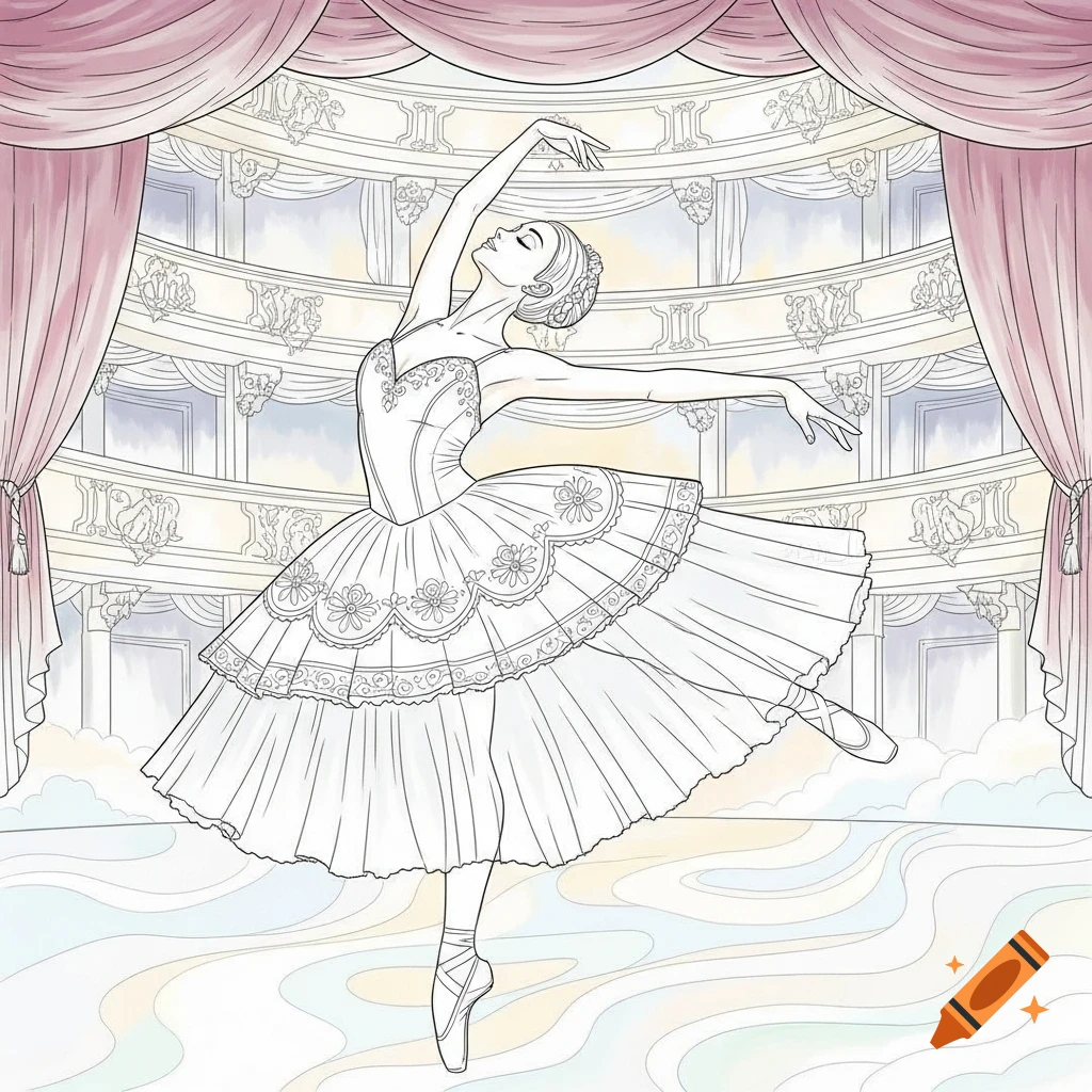 Line art of a ballerina in a graceful pose on a stage, ready for coloring.