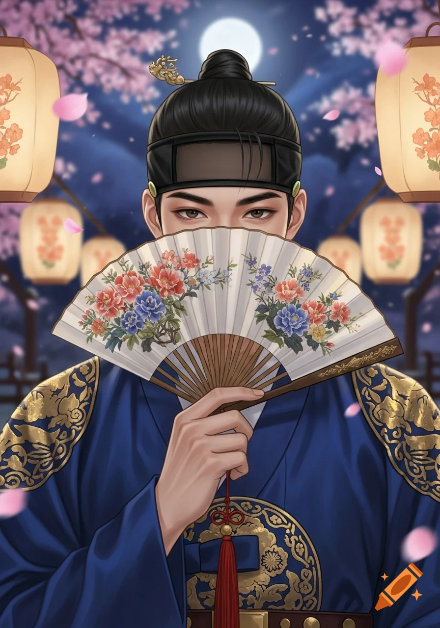 An illustrated young man in traditional Korean attire holds a floral fan over his mouth, under a full moon with cherry blossoms and lanterns.