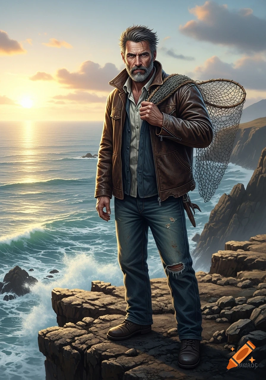 A rugged man with a beard stands on a rocky cliff overlooking a vast ocean at sunset, carrying a fishing net over his shoulder.