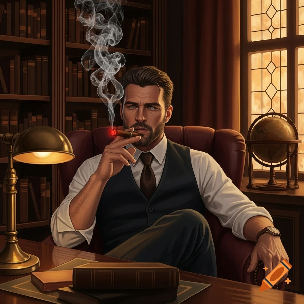 A photorealistic portrait of a bearded man in a suit vest sitting in a study, holding a smoking cigar.