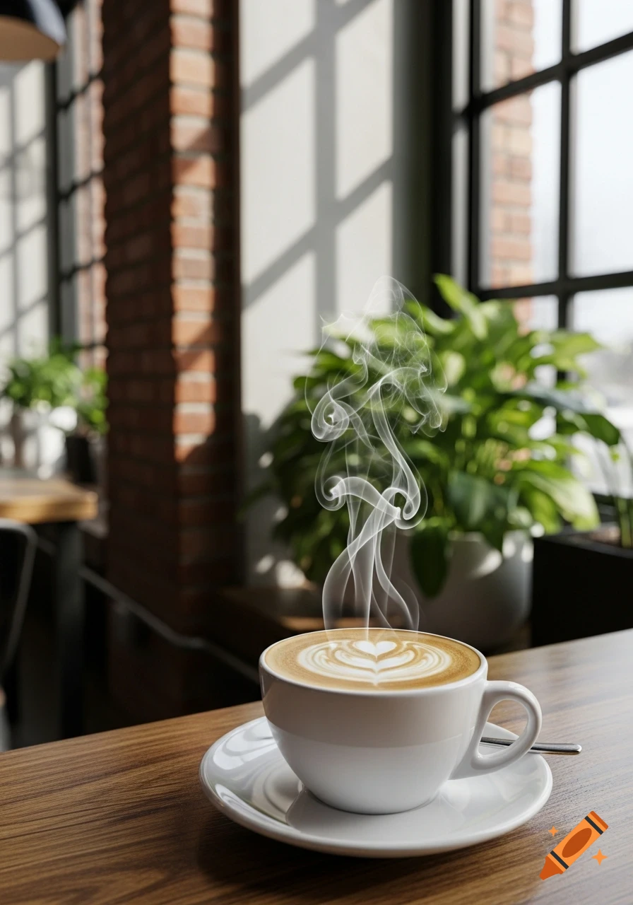 A photorealistic image of a steaming cup of latte with heart art on a wooden table in a sunlit cafe.