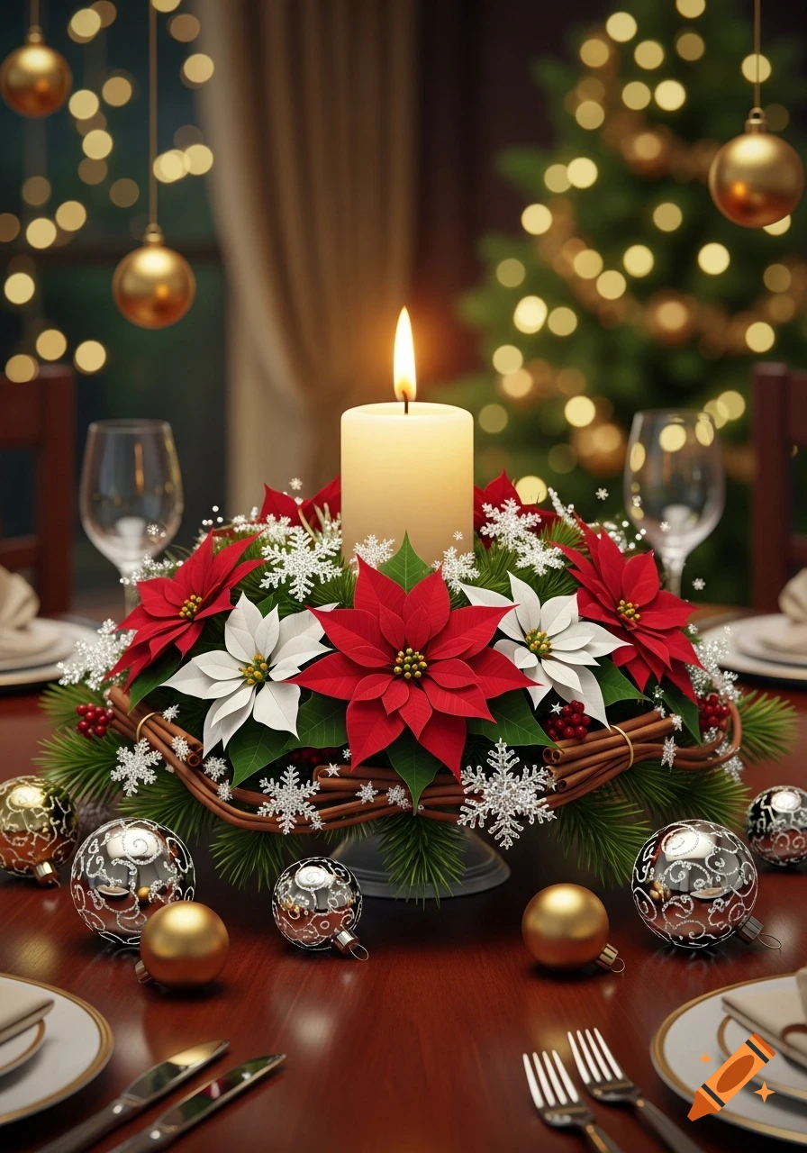 A photorealistic Christmas centerpiece with a lit candle, red and white poinsettias, and ornaments on a decorated dining table.