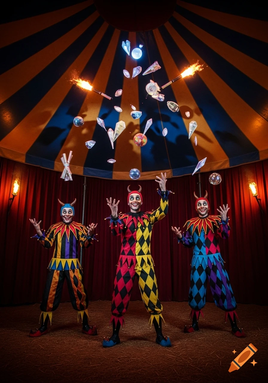 Three jesters in colorful harlequin costumes with unsettling smiles and wide eyes juggle glowing crystals and fire inside a striped circus tent.
