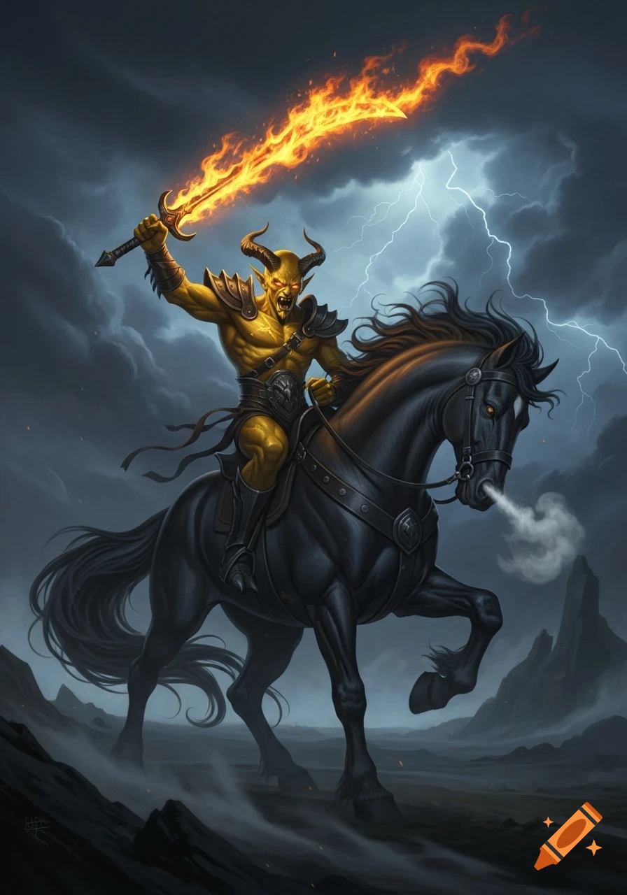 A yellow demon with a flaming sword rides a black horse through a stormy landscape with lightning, digital painting.