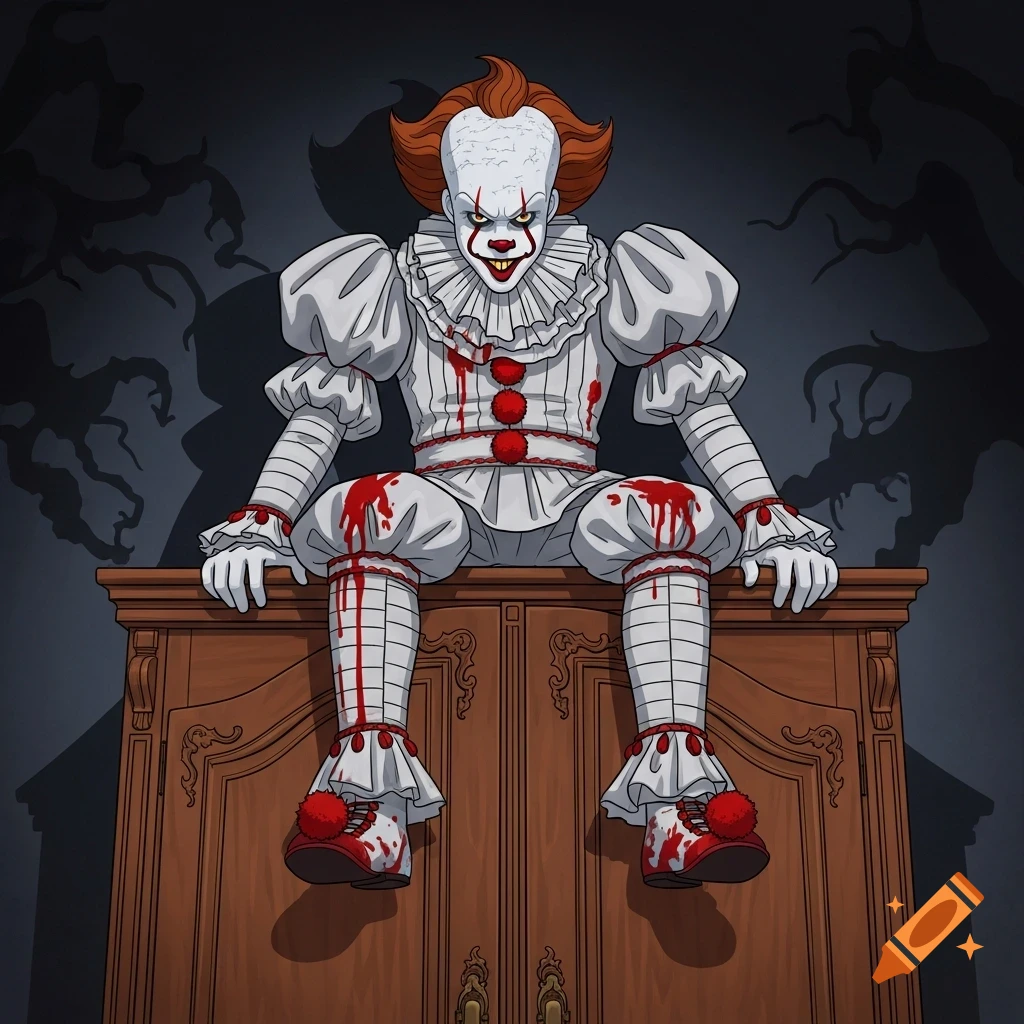 Cartoon illustration of Pennywise in a blood-splattered white costume, sitting on a wooden wardrobe.