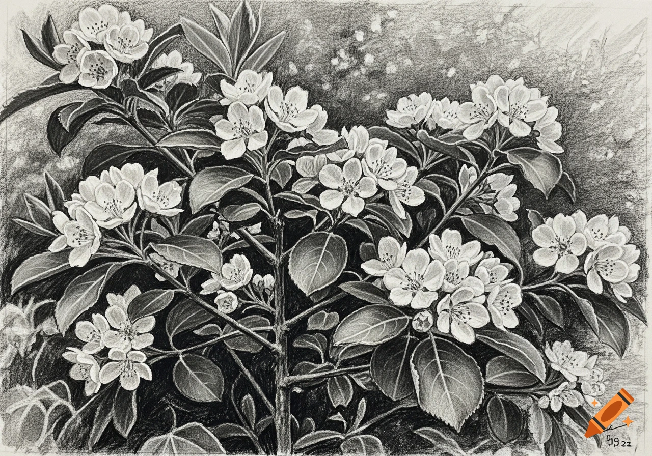 A detailed black and white charcoal drawing of a flowering shrub with many small blossoms and dark leaves against a textured background.