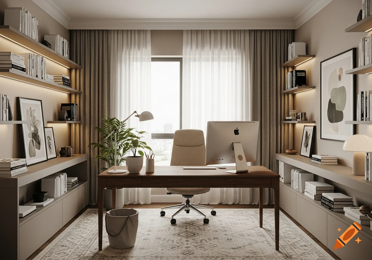 A modern home office with a dark wooden desk, beige office chair, Apple iMac, potted plant, and a tall white lamp. Light-colored shelves line both walls, filled with books and decorative art. A patterned rug covers the floor.