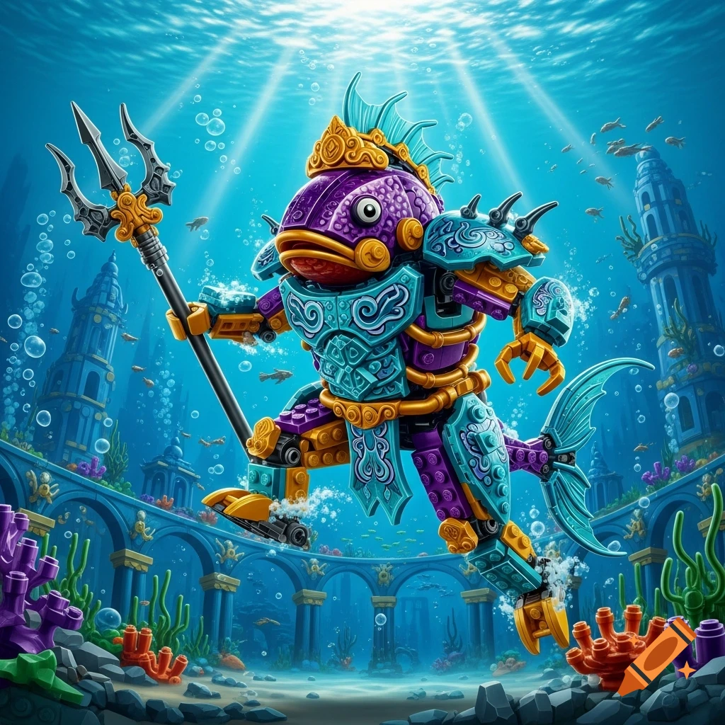 A vibrant purple and teal Lego fish warrior holds a trident in an underwater scene with ancient ruins, small fish, and coral.