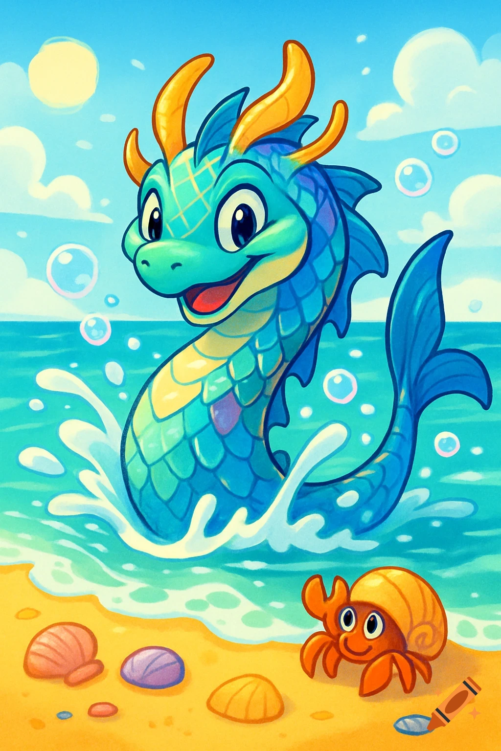 A friendly blue cartoon sea dragon splashes in the ocean next to a hermit crab on a sunny beach.