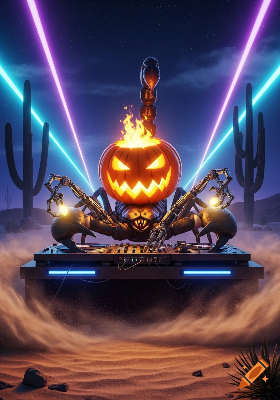 A scorpion with a flaming jack-o'-lantern head uses robotic arms to DJ on a mixer in a desert with neon lasers and cacti at night.