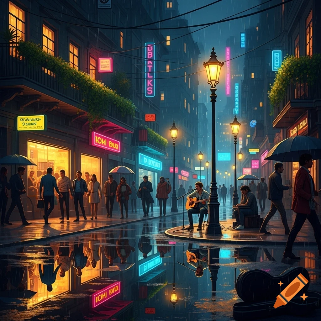 A rainy city street at night, vibrant with neon signs reflecting in puddles. Pedestrians walk past a street musician playing guitar.