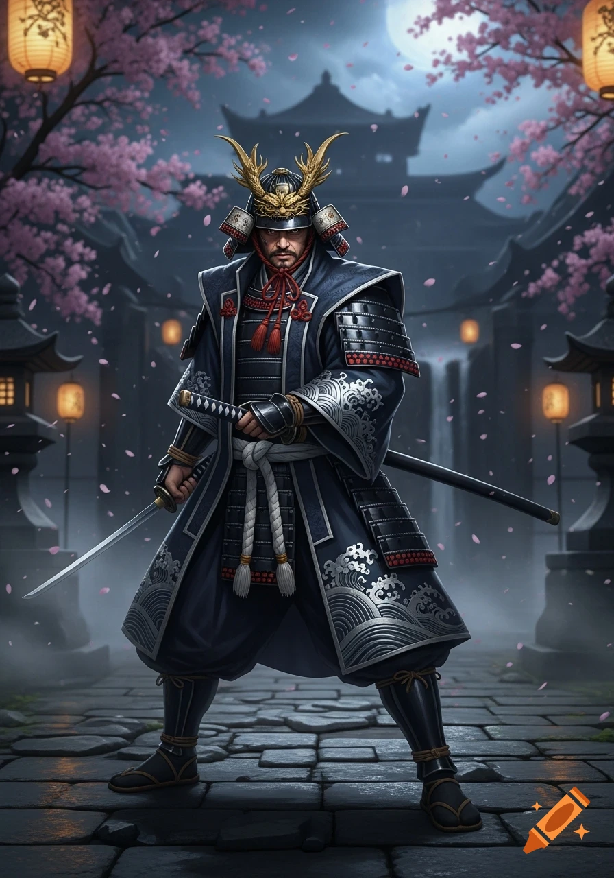 A dark Japanese samurai in elaborate armor with a sword stands in a moonlit courtyard under cherry blossoms.