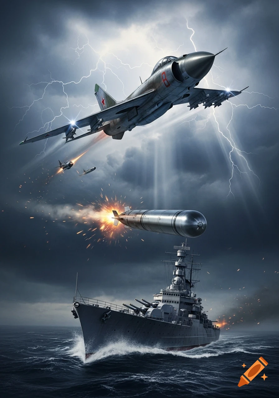 A MIG fighter jet launches a torpedo towards a battleship on a stormy sea with lightning in the sky.