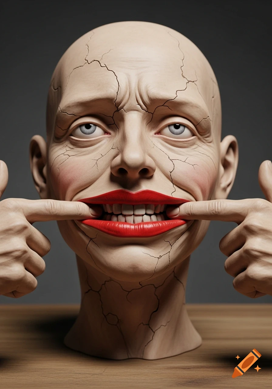 A surreal clay sculpture of a bald, cracked human head with red lips stretched into an exaggerated smile by two fingers, showing emotionless eyes.