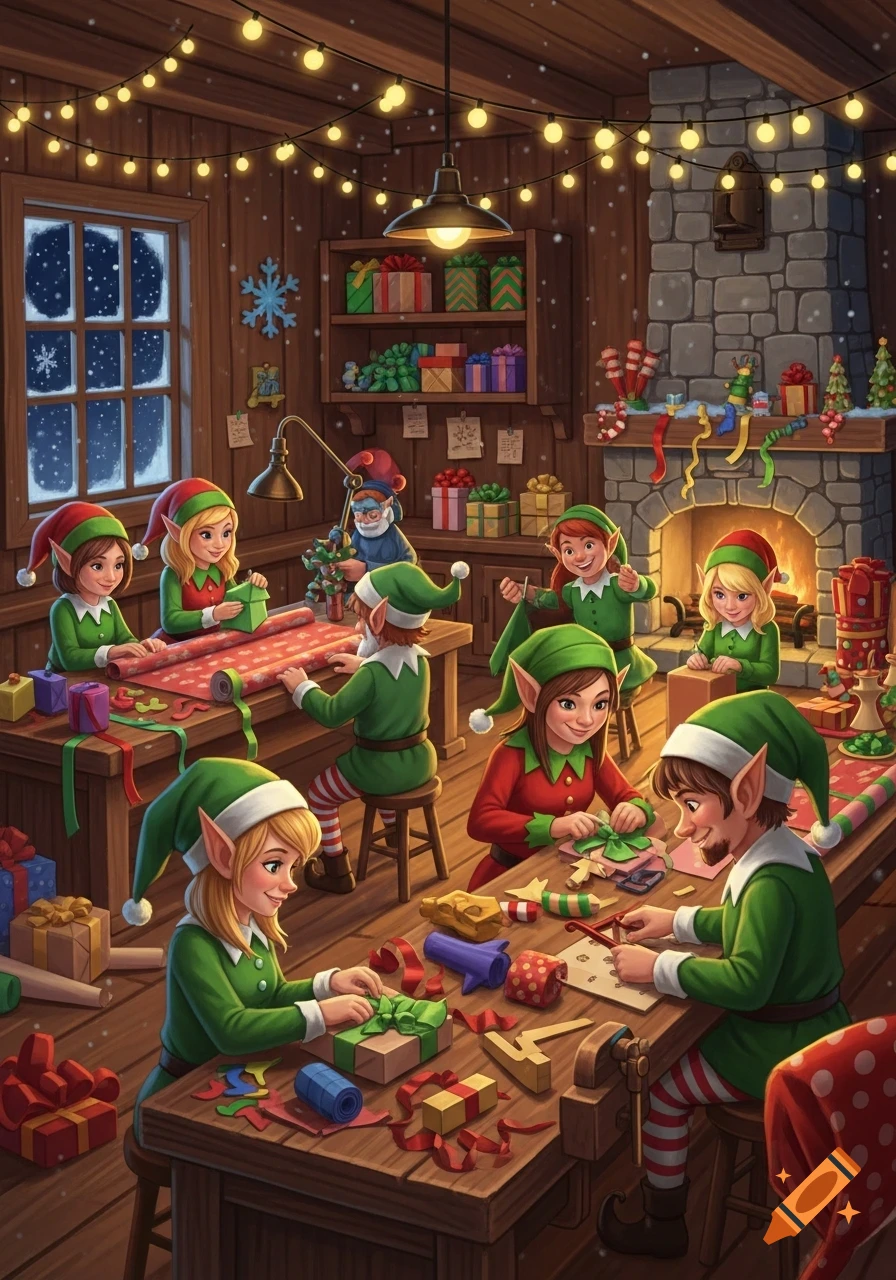 Many cheerful Christmas elves in green and red outfits are busy wrapping presents in a cozy, rustic workshop with string lights and a fireplace, snow falling outside.