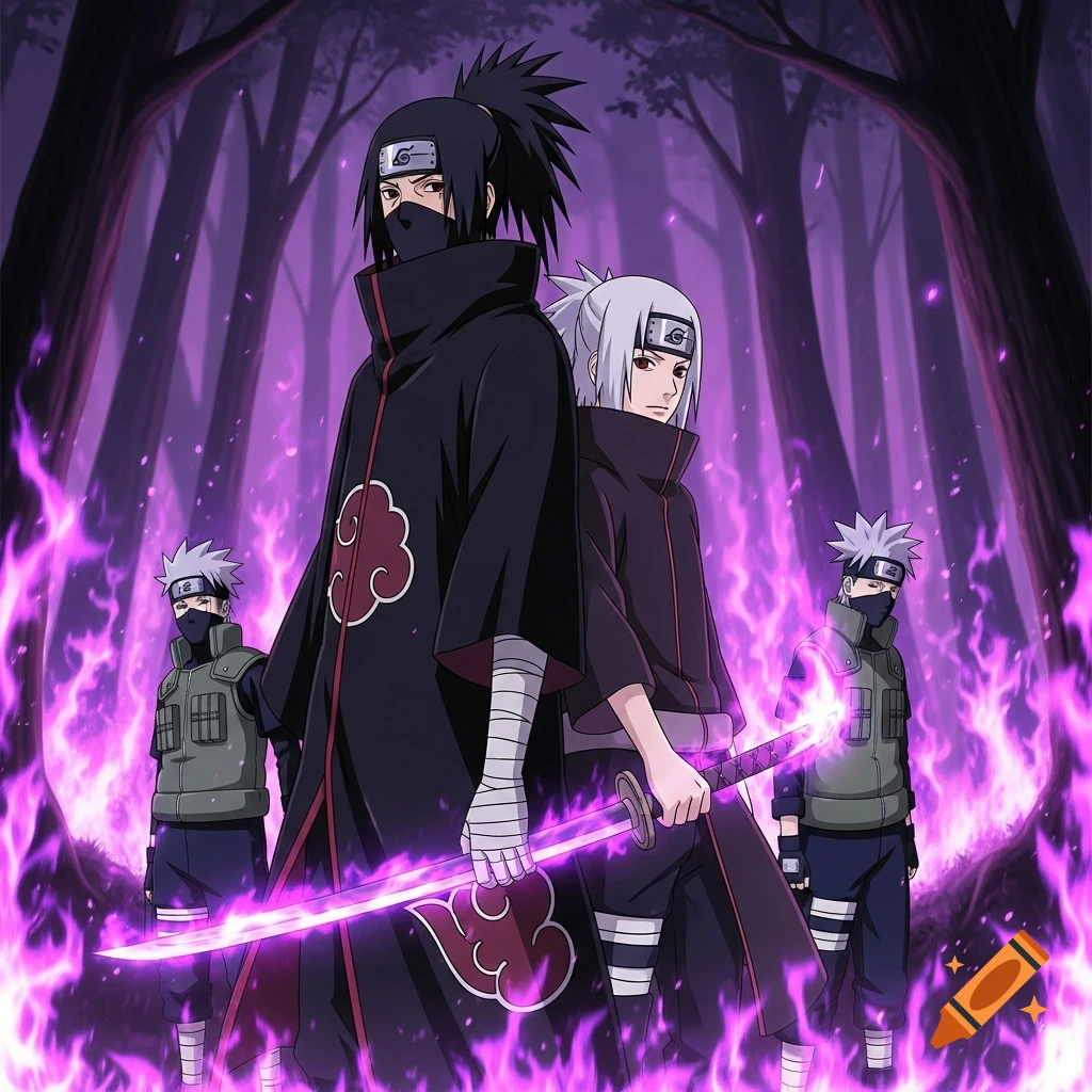 Four anime characters, two large in the foreground and two smaller in the background, stand in a dark, purple-lit forest with purple flames. The central characters wear black cloaks and one holds a glowing purple sword.